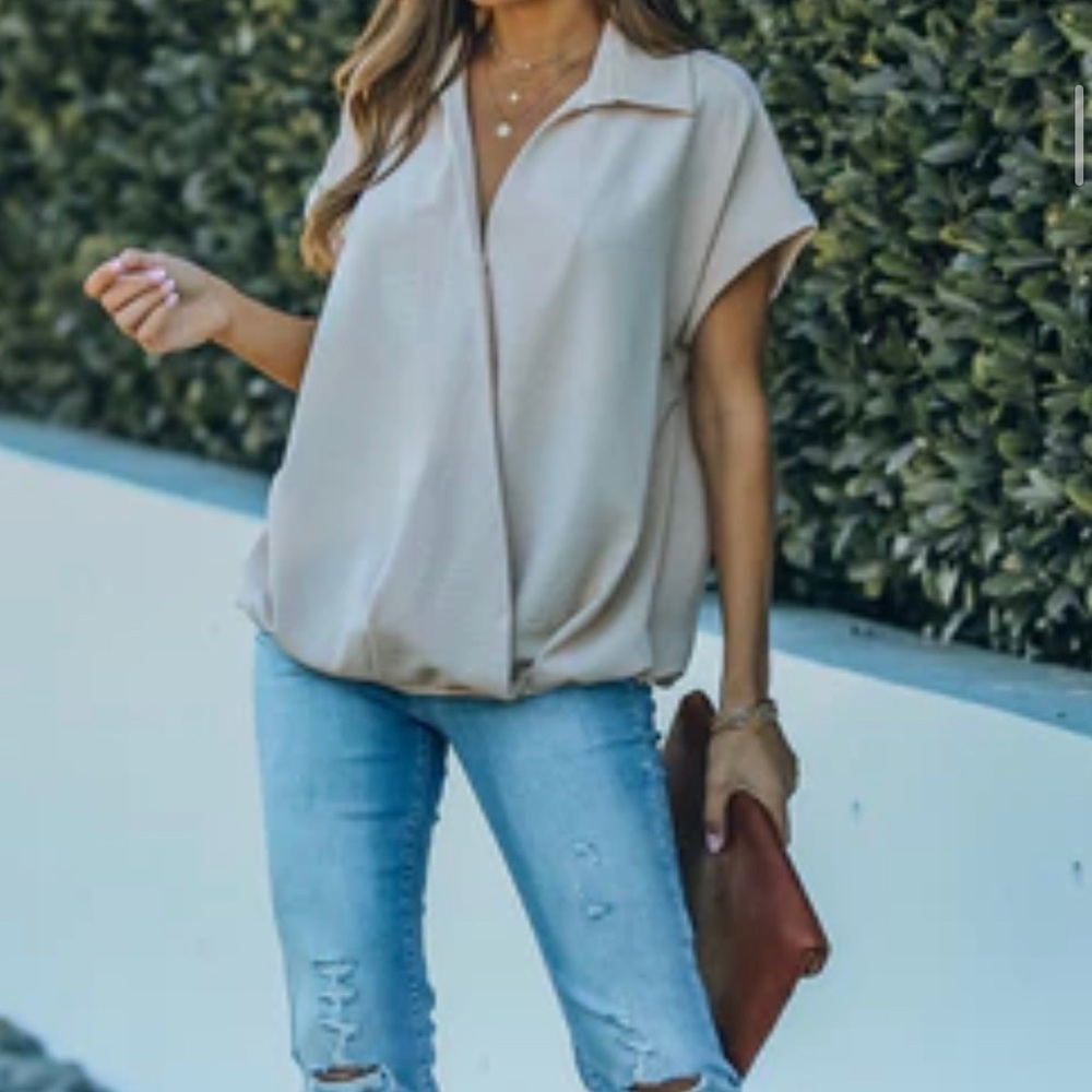 VICI Collection • Kiana Collared Surplice Blouse - Taupe